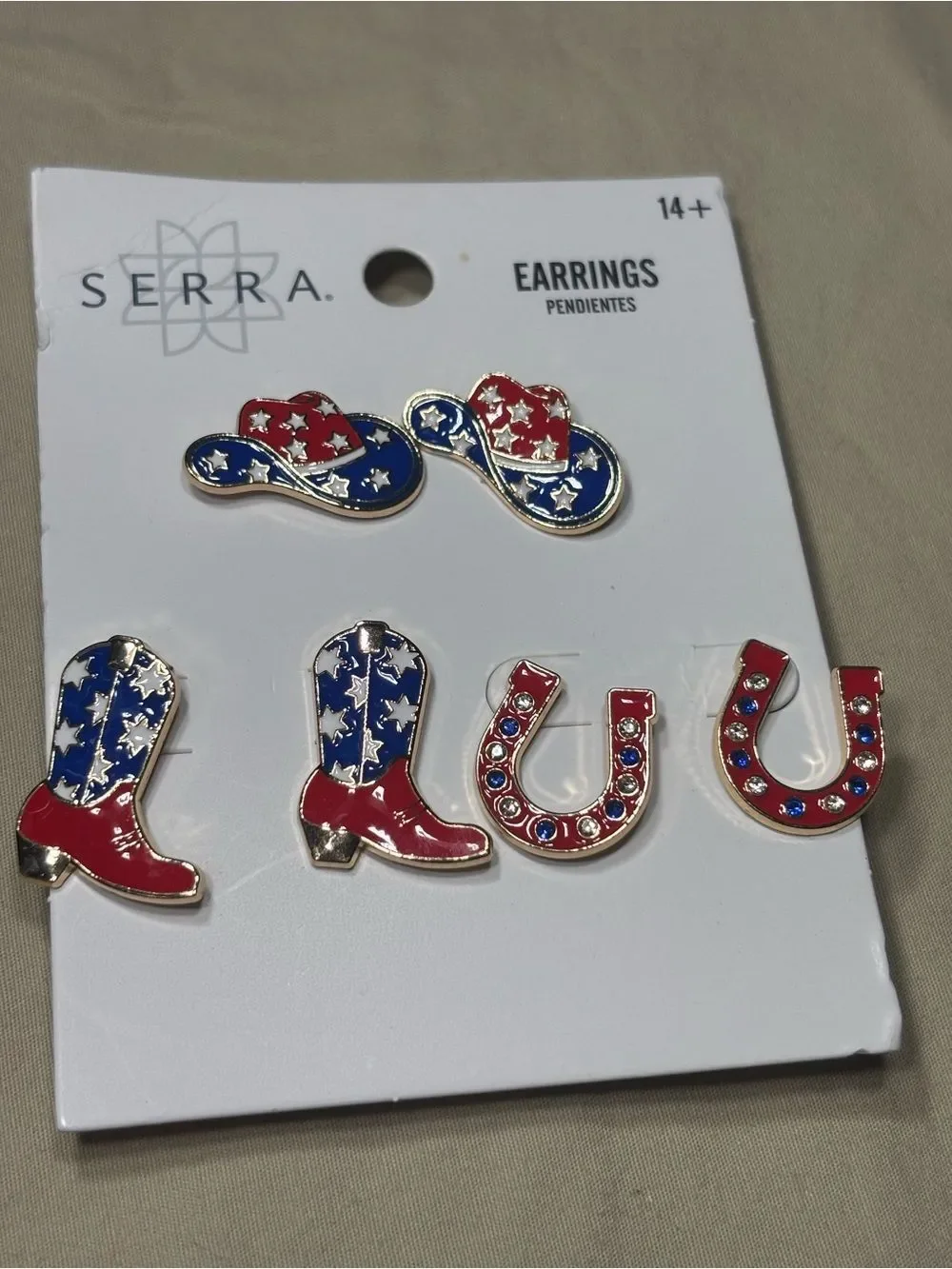 New Serra Red & Blue Patriotic Cowboy Boot and Horseshoe Earring Set